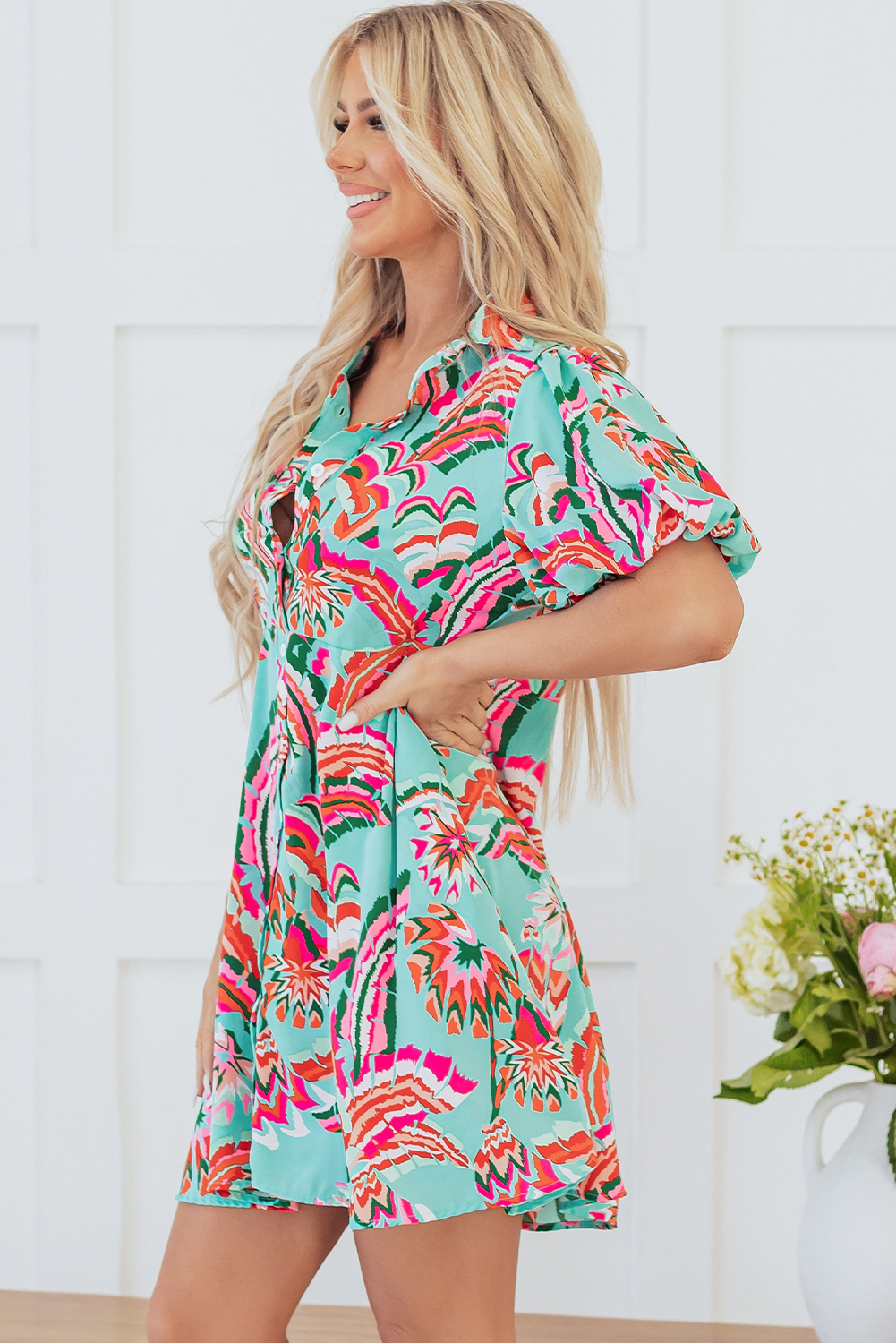 Green Abstract Print Lace-up High Waist Buttoned Mini Dress - loveforevers