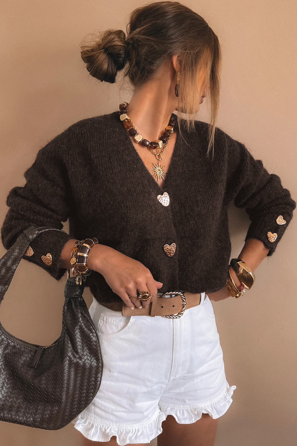 Fiery Red Heart Metal Button V Neck Cardigan Sweater - loveforevers
