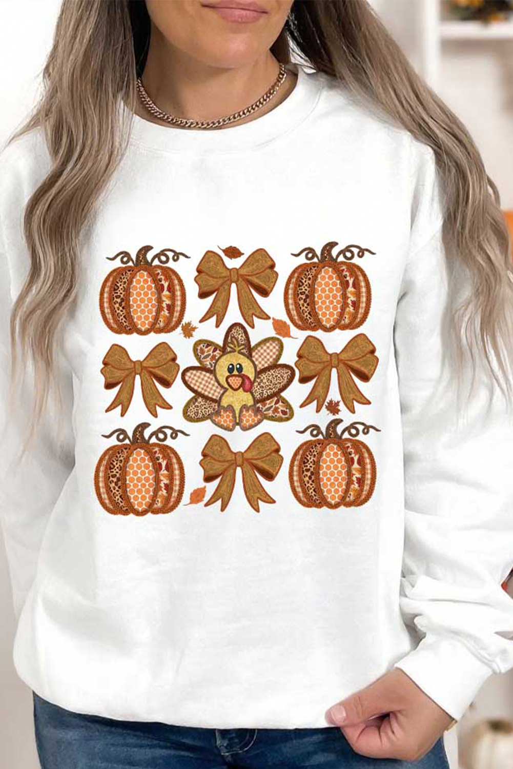 White Cute Turkey Fall Pumpkin Bow Print Drop Shoulder Sweatshirt - loveforevers