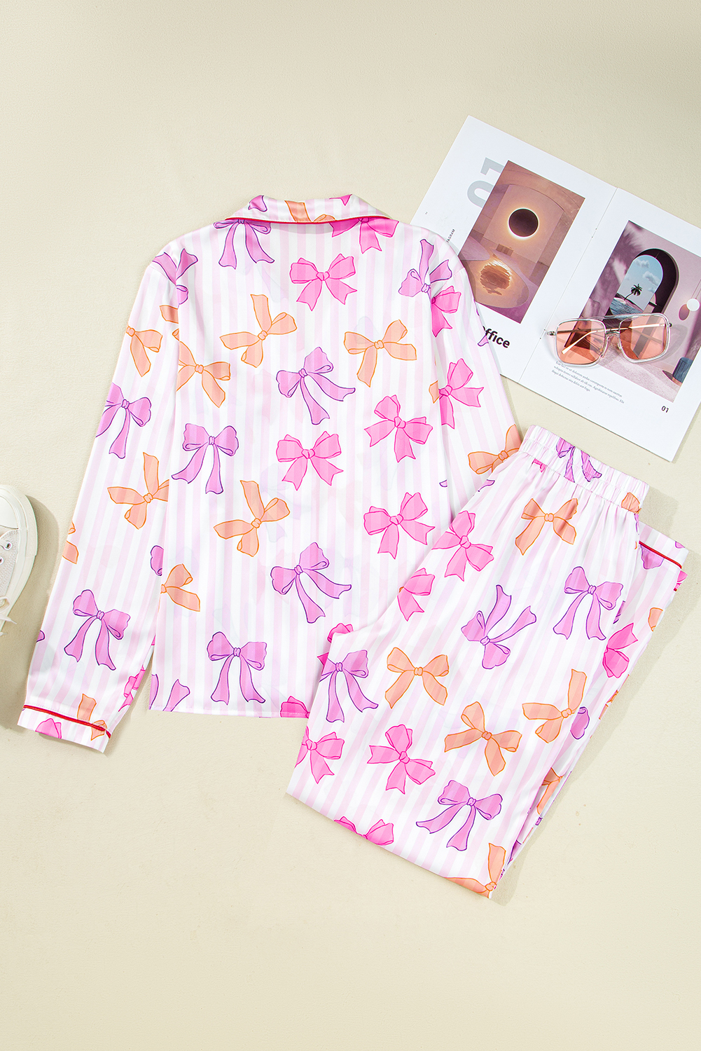 Pink Striped Bow Print Contrast Piping Trim Shirt and Pants 2pcs Pajama Set - loveforevers