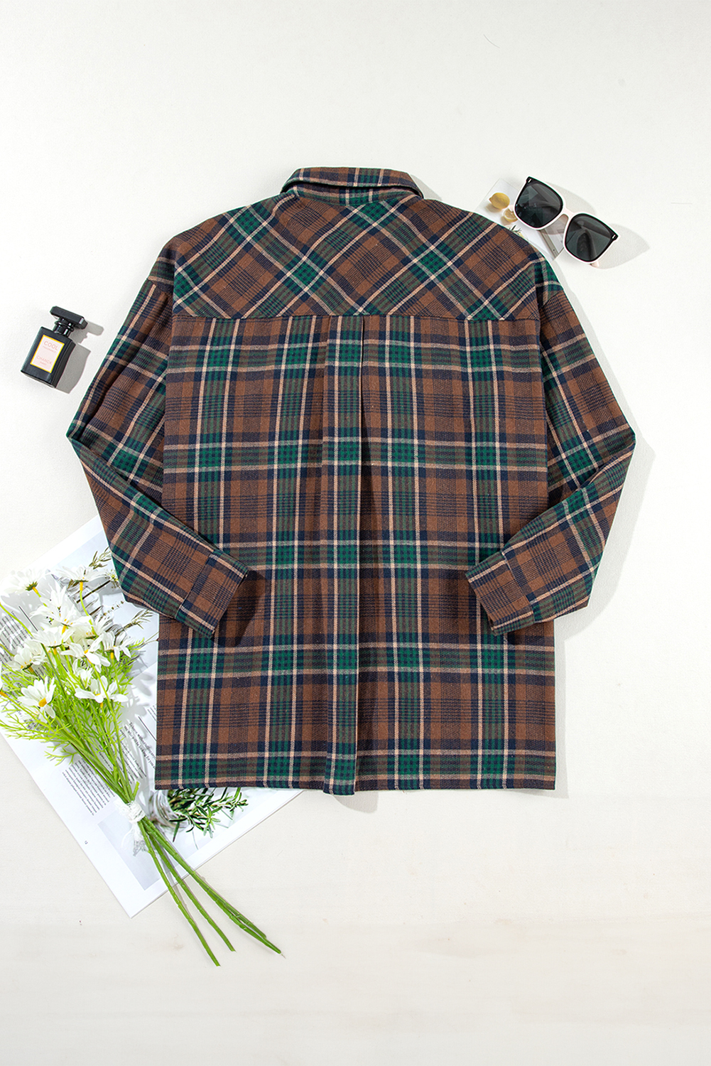Brown Plaid Print Chest Pockets Buttoned Shirt Jacket - loveforevers