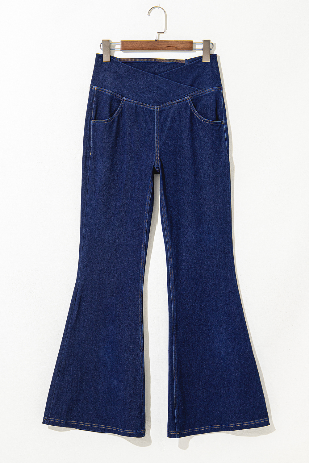 Dusk Blue Solid Crossed Waist High Elastic Fit Flare Knit Jeans - loveforevers