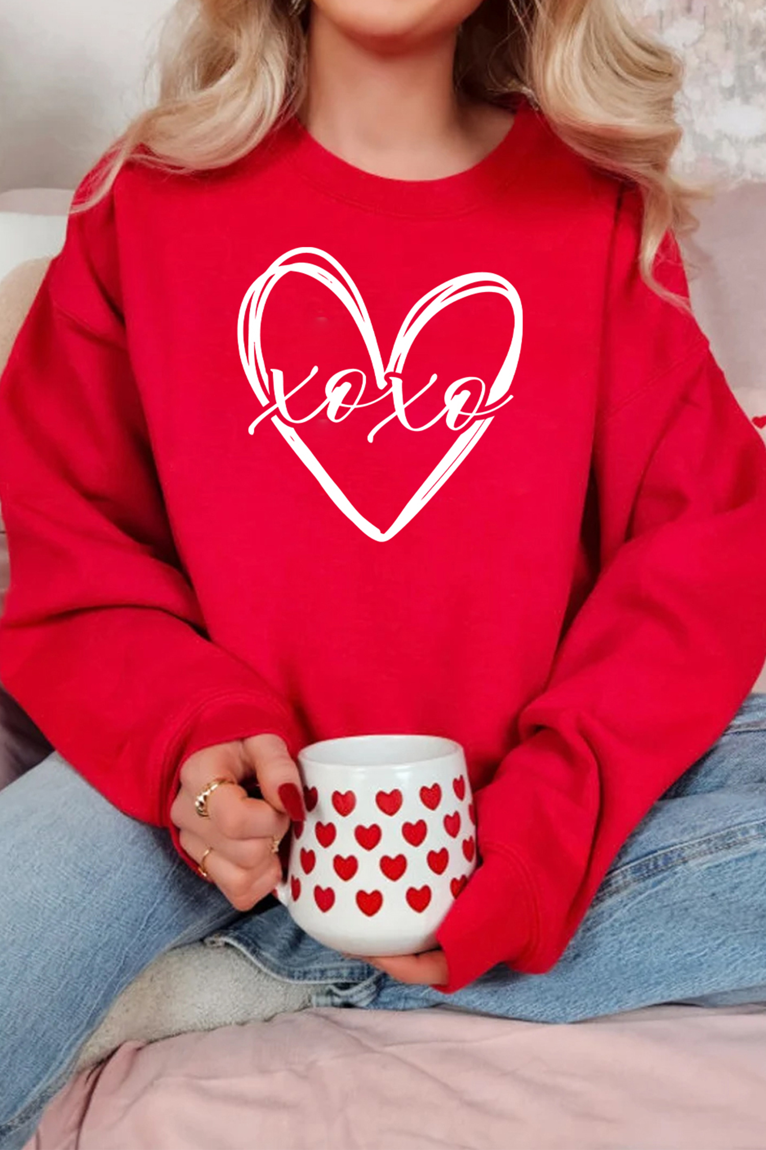 Red xoxo Valentines Heart Sketch Printed Pullover Sweatshirt - loveforevers