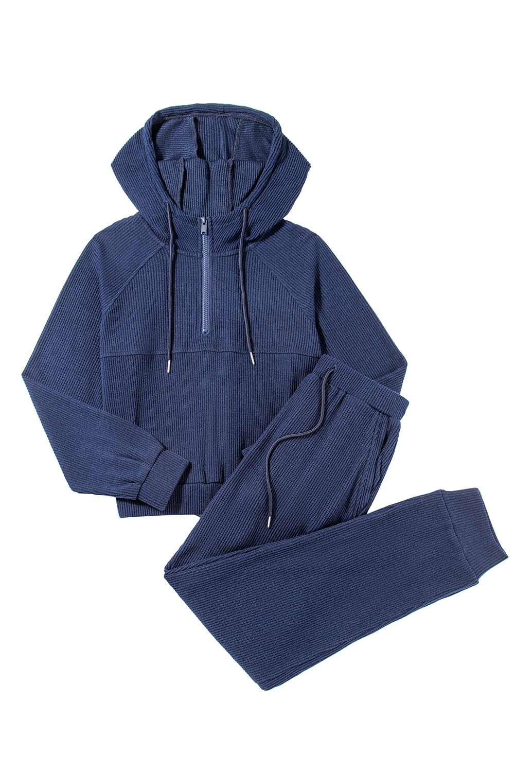 Navy Blue Ribbed Knit Cropped Hoodie and Drawstring Joggers Set - loveforevers