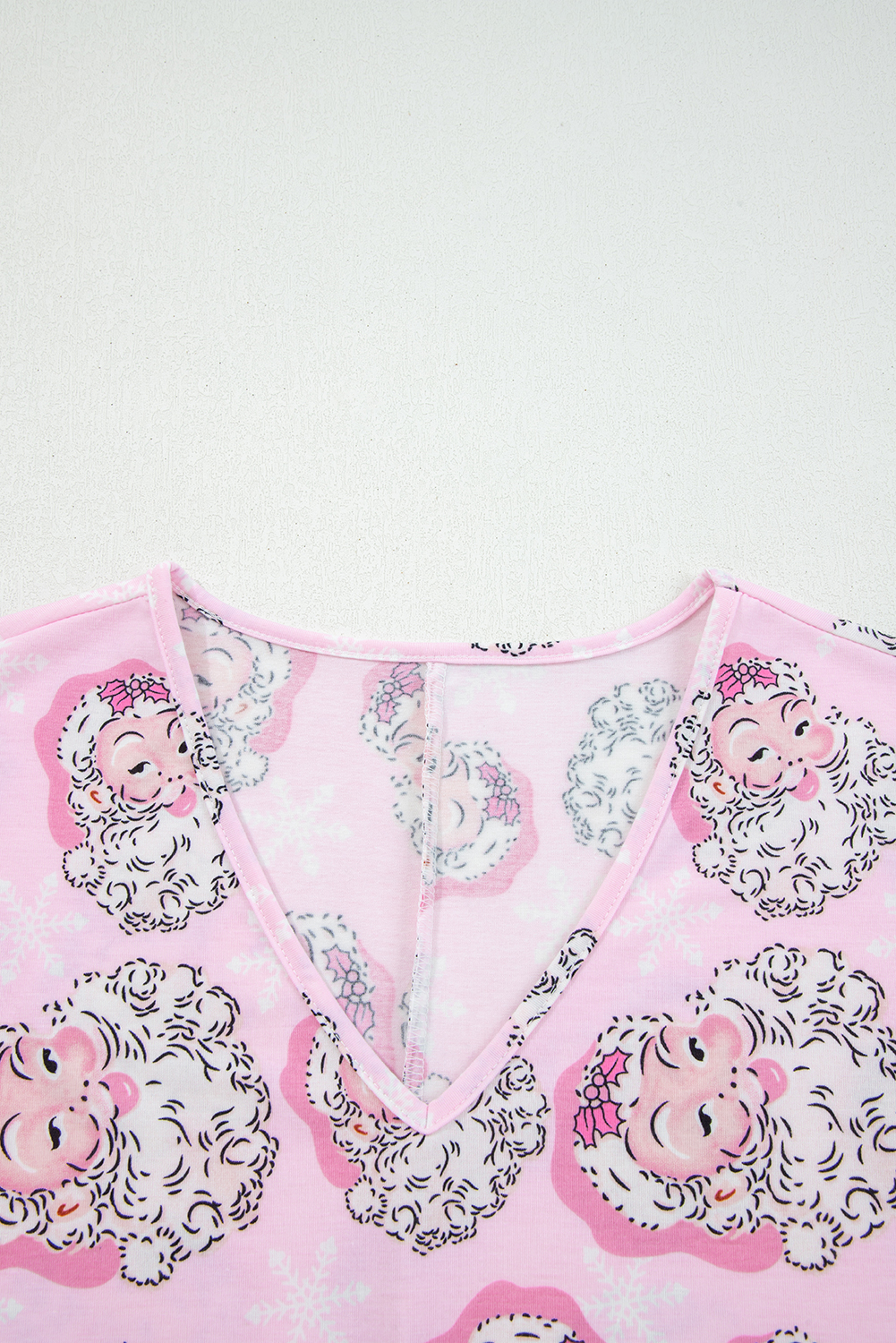 Pink Santa Claus Print V Neck Tee Drawstring Pants 2pcs Lounge Set - loveforevers