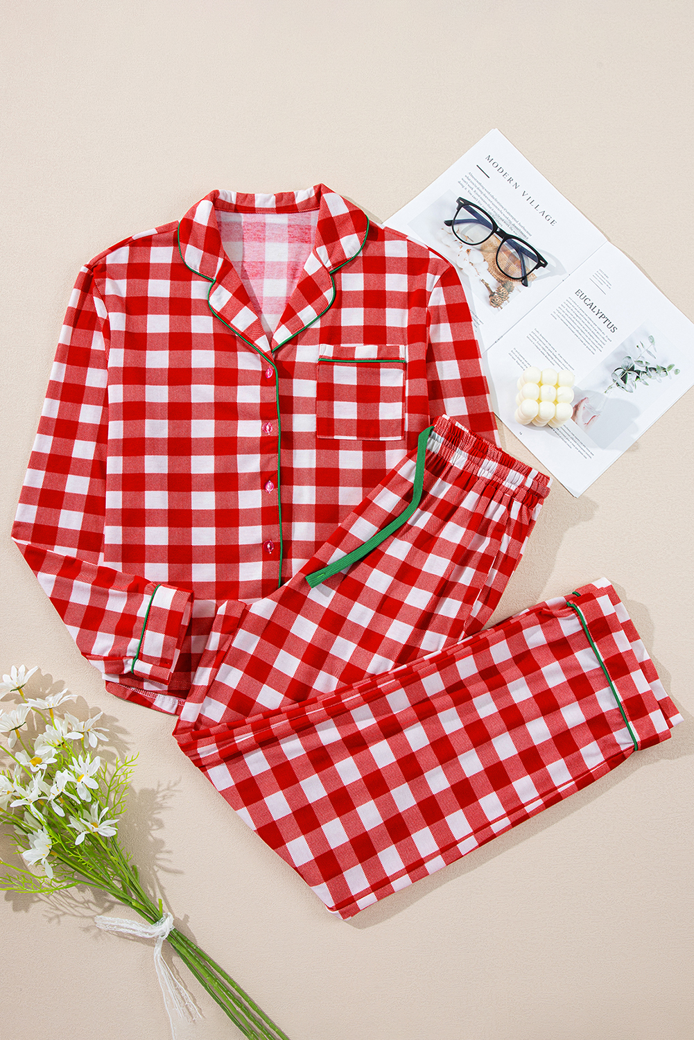 Fiery Red Christmas Plaid Print Shirt and Pants Pajama Set - loveforevers