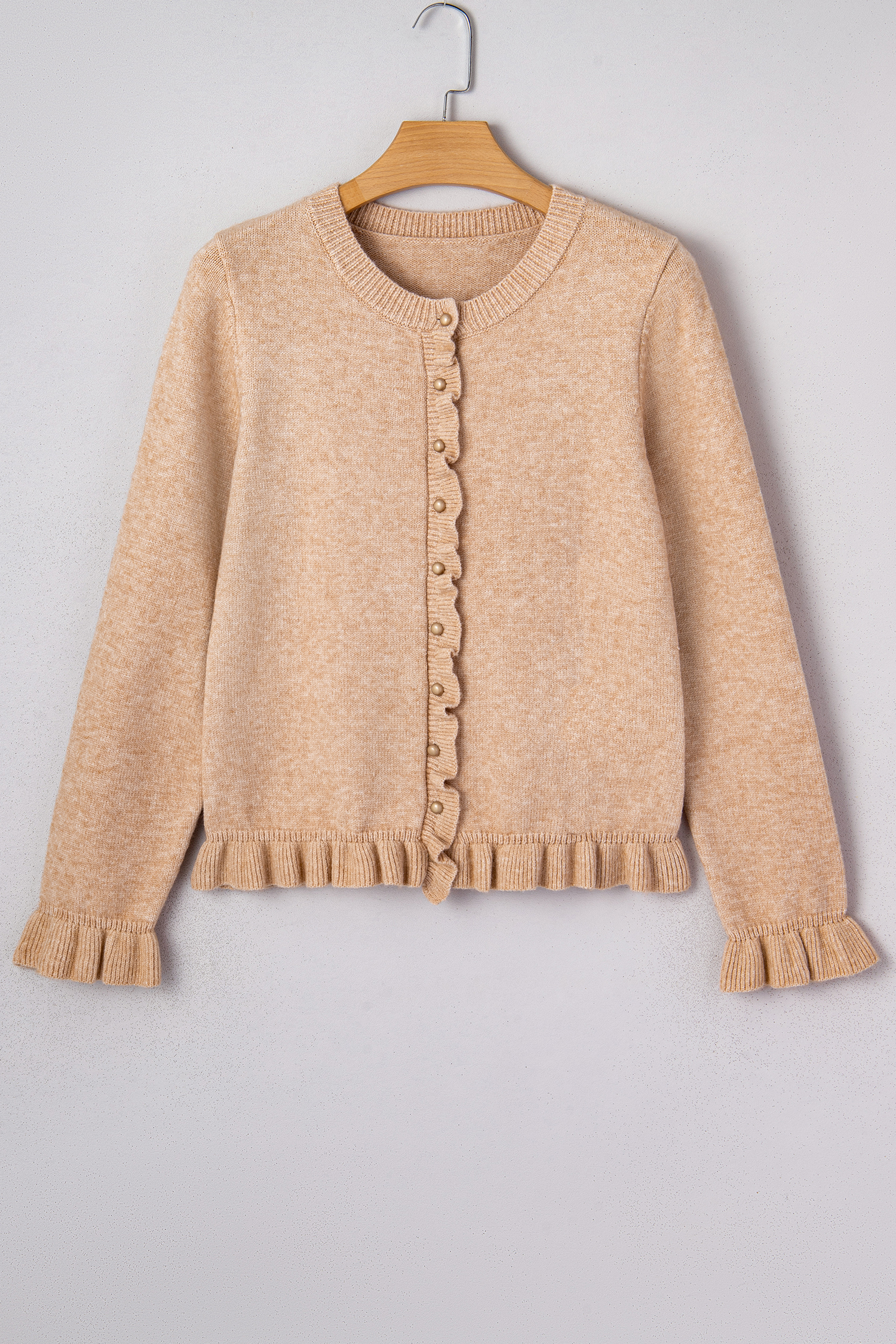 Oatmeal Ruffle Trim Gold Button Sweater Cardigan - loveforevers