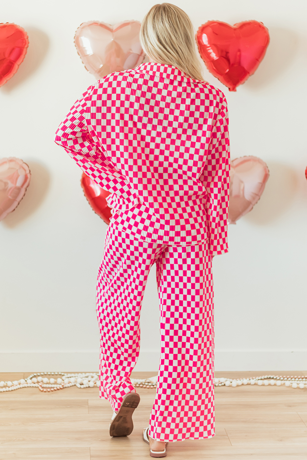 Pink Checkered Buttoned Shirt and High Waist Pants Pajama Set - loveforevers