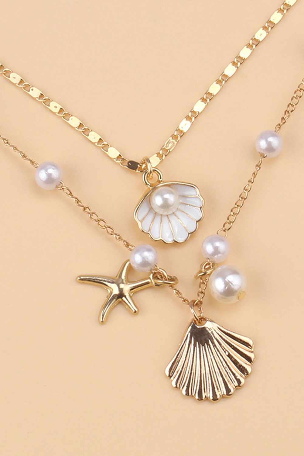 Gold Starfish Shell Pearl Dual Chain Necklace - loveforevers