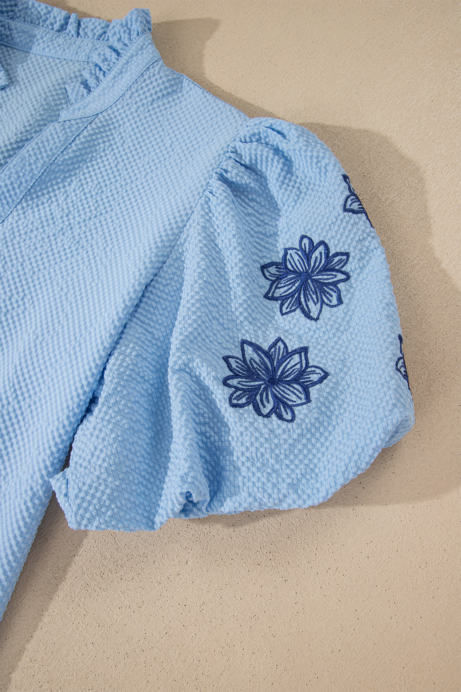 Beau Blue Flower Embroidered Puff Sleeve Split Neck Textured Blouse - loveforevers