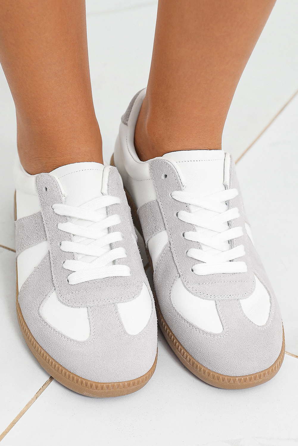 Beige PU Leather Suede Patched Lace-up Flat Shoes - loveforevers