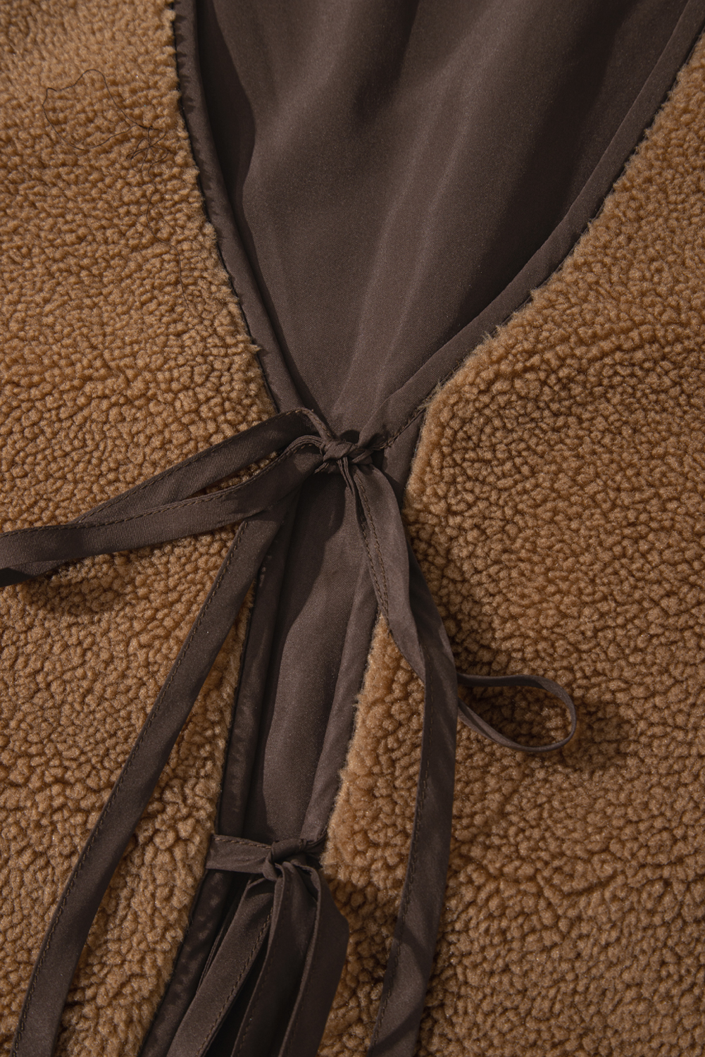 Light French Beige Contrast Trim Tie Front Sherpa Vest - loveforevers