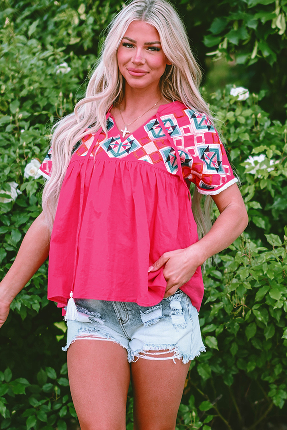 Strawberry Pink Geometric Embroidered Tassel Tie V Neck Blouse - loveforevers