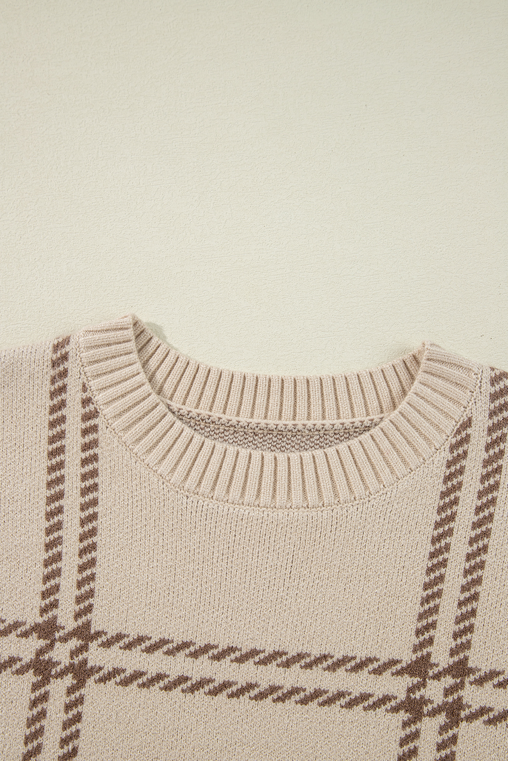 Khaki Plaid Pattern Knitted Drop Shoulder Sweater - loveforevers
