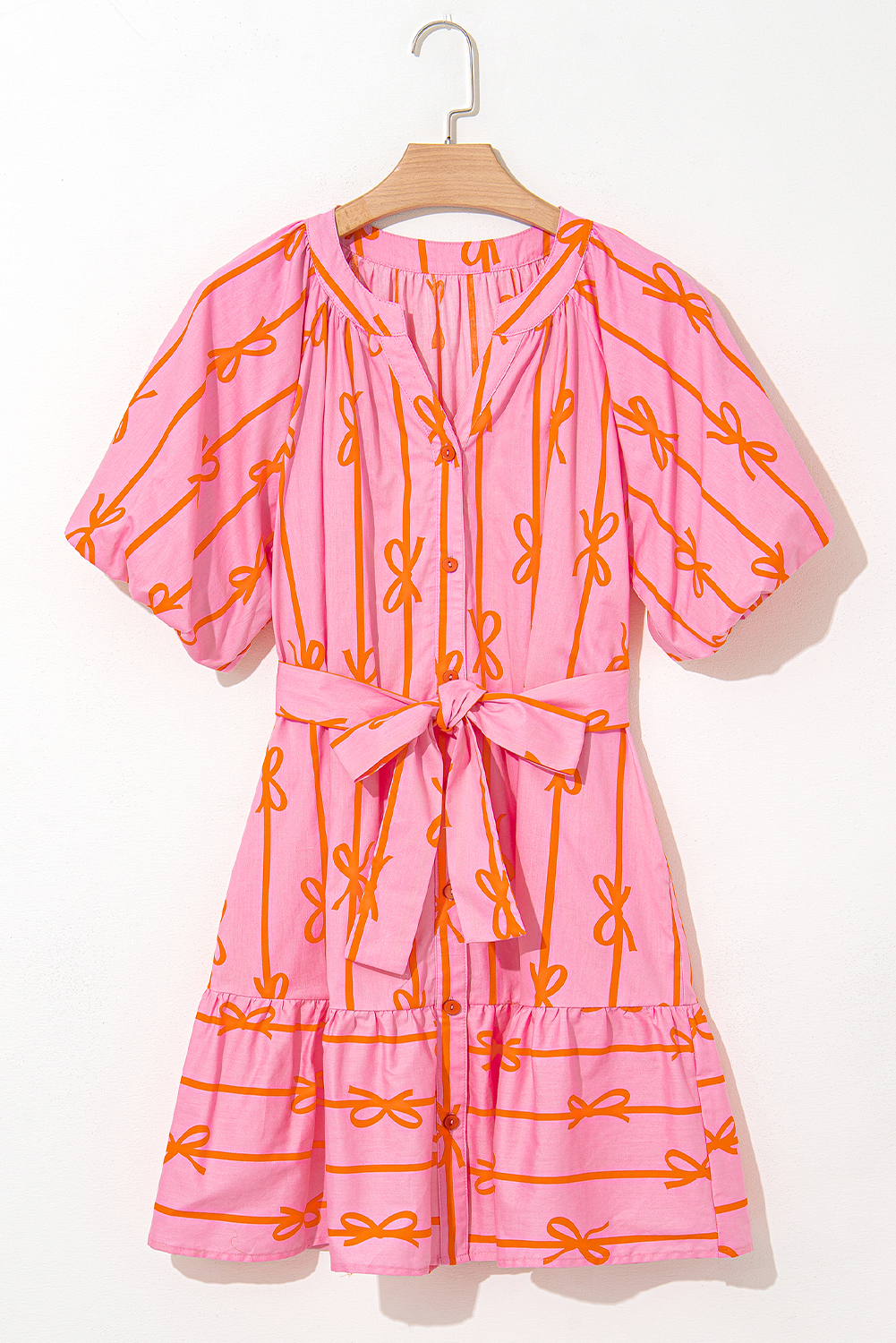 Pink Bowknot Striped Printed Bubble Sleeve Buttoned Belted Mini Dress - loveforevers
