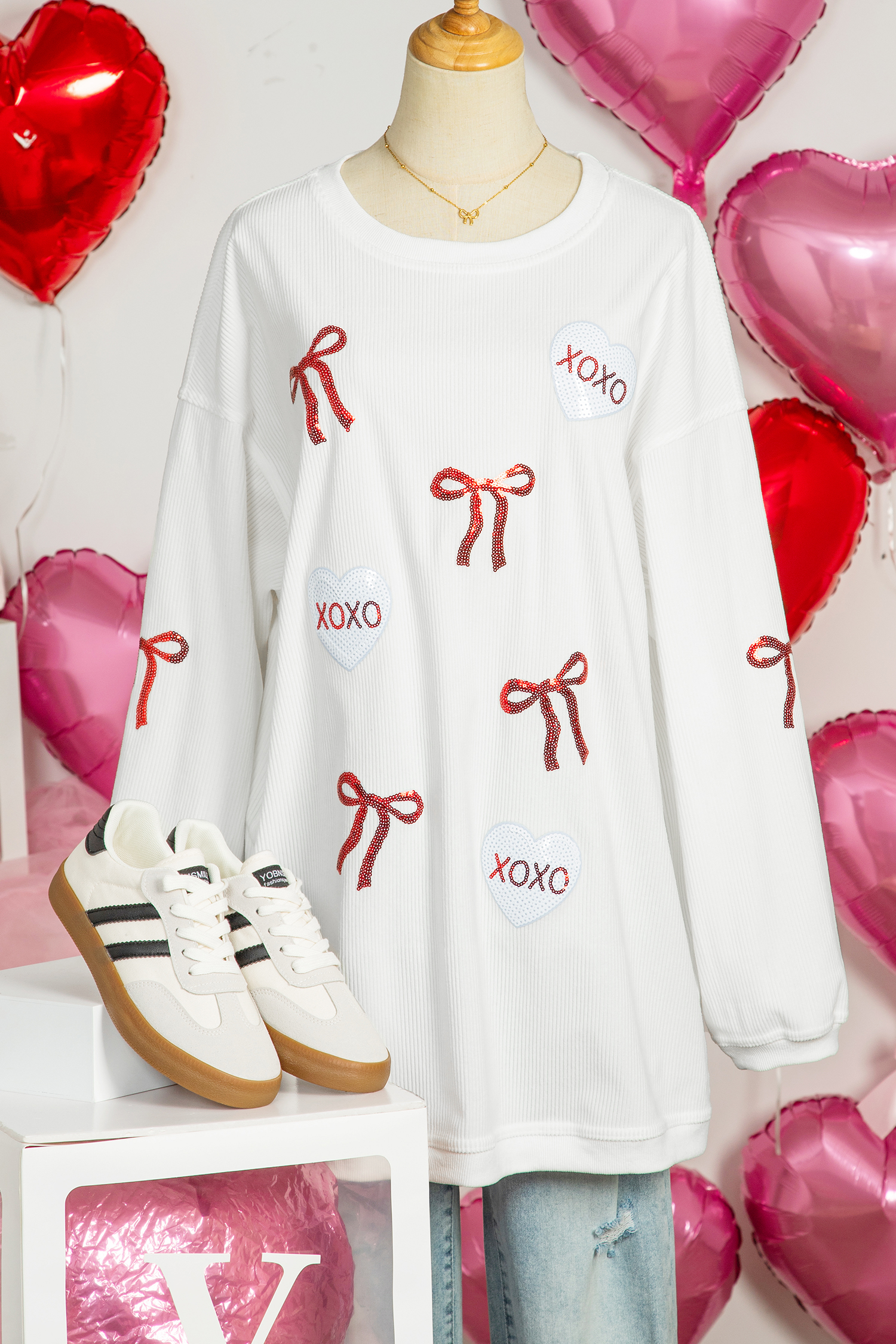 White Sequin Ribbon Bow XOXO Heart Patched Corded Rib Pullover Sweatshirt - loveforevers