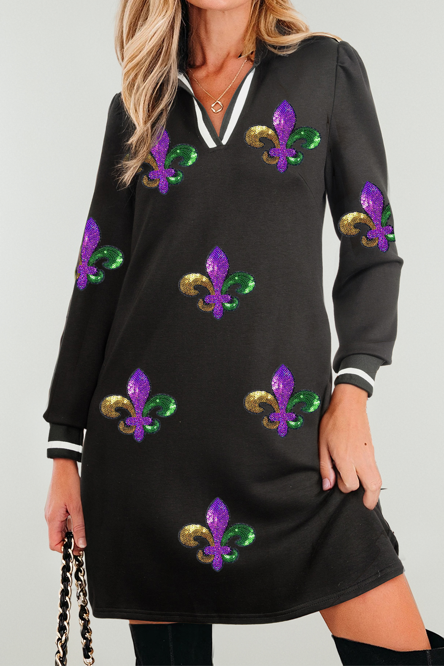 Black Sequin Fleur De Lis Mardi Striped Trim Collar Long Sleeve Mini Dress - loveforevers