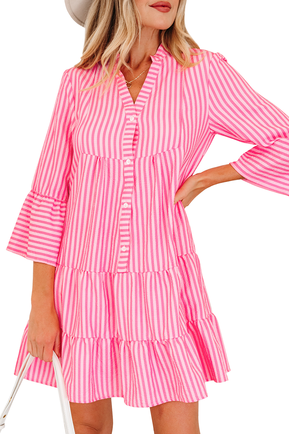 Pink Stripe Flare Sleeve Half Placket Tiered Flowy Mini Dress - loveforevers
