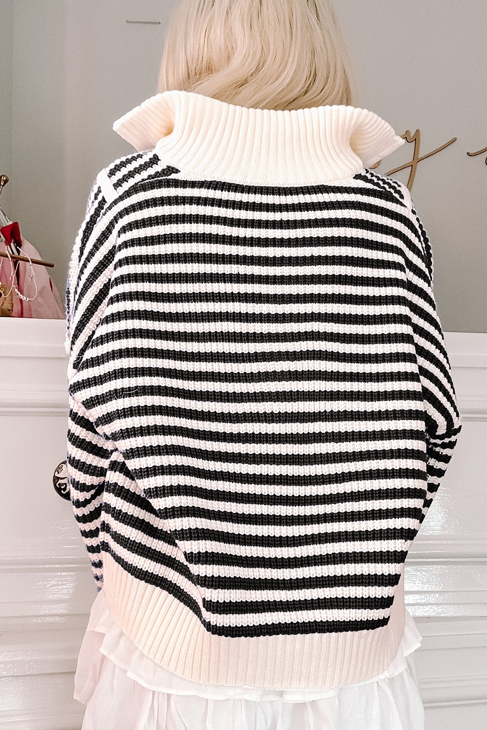 Black Stripe Zip up Collar Drop Shoulder Sweater - loveforevers
