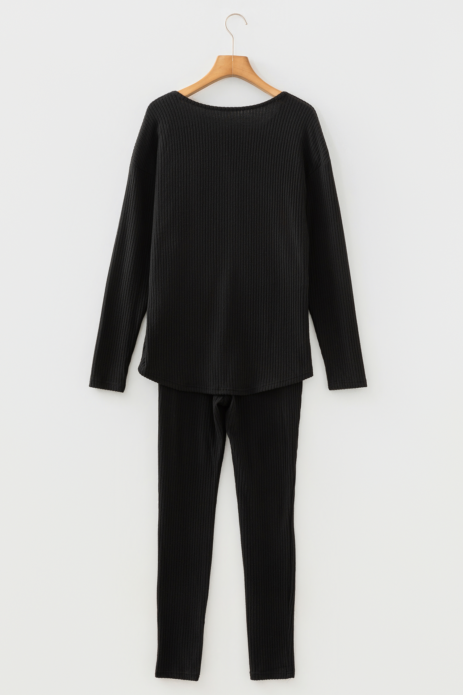 Black Ribbed Notched Neck Knit Long Sleeve Leggings Two Pieces Lounge Set - loveforevers