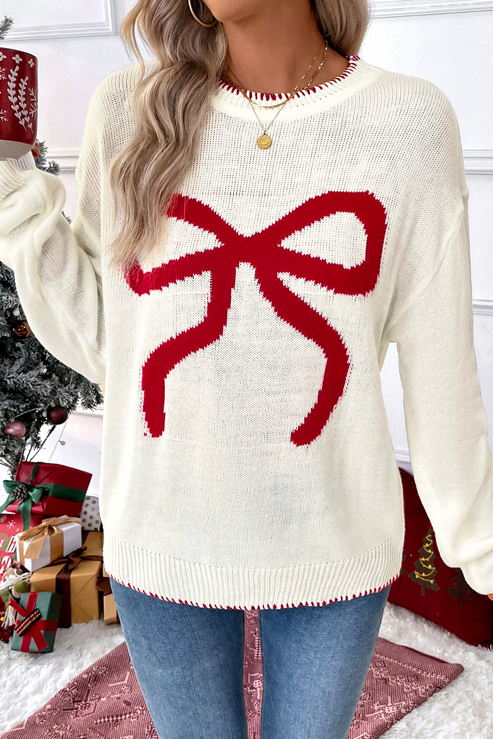 White Bow Pattern Contrast Trim Christmas Loose Graphic Sweater - loveforevers