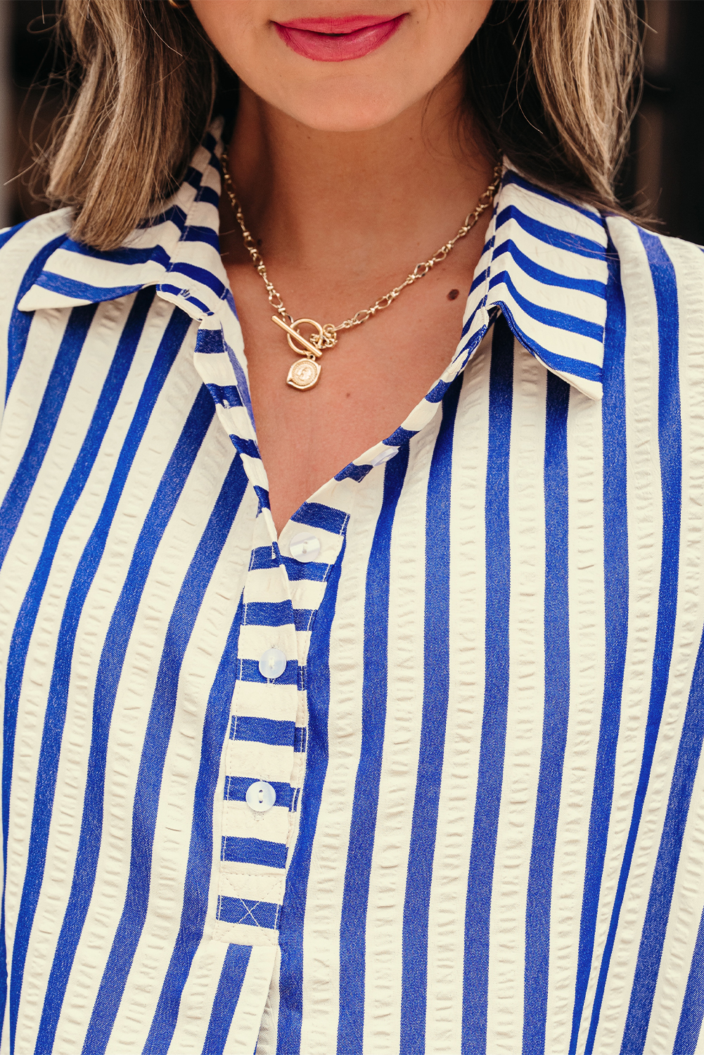 Blue Stripe Collared Half Button Side Pockets Loose Fit Mini Dress - loveforevers