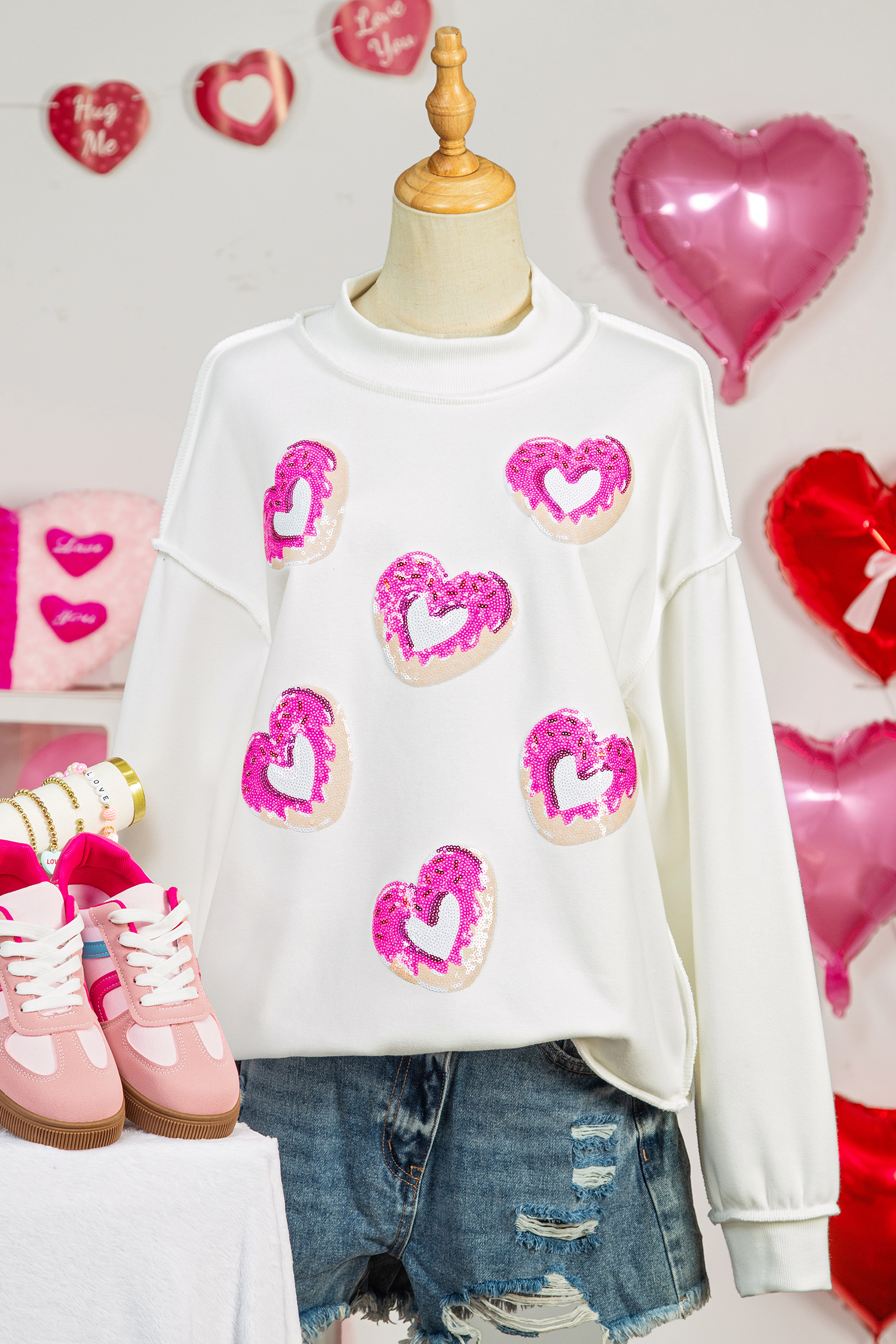 White Reversible Double Wear Sequin Donut Heart Graphic Mock Neck Sweatshirt - loveforevers