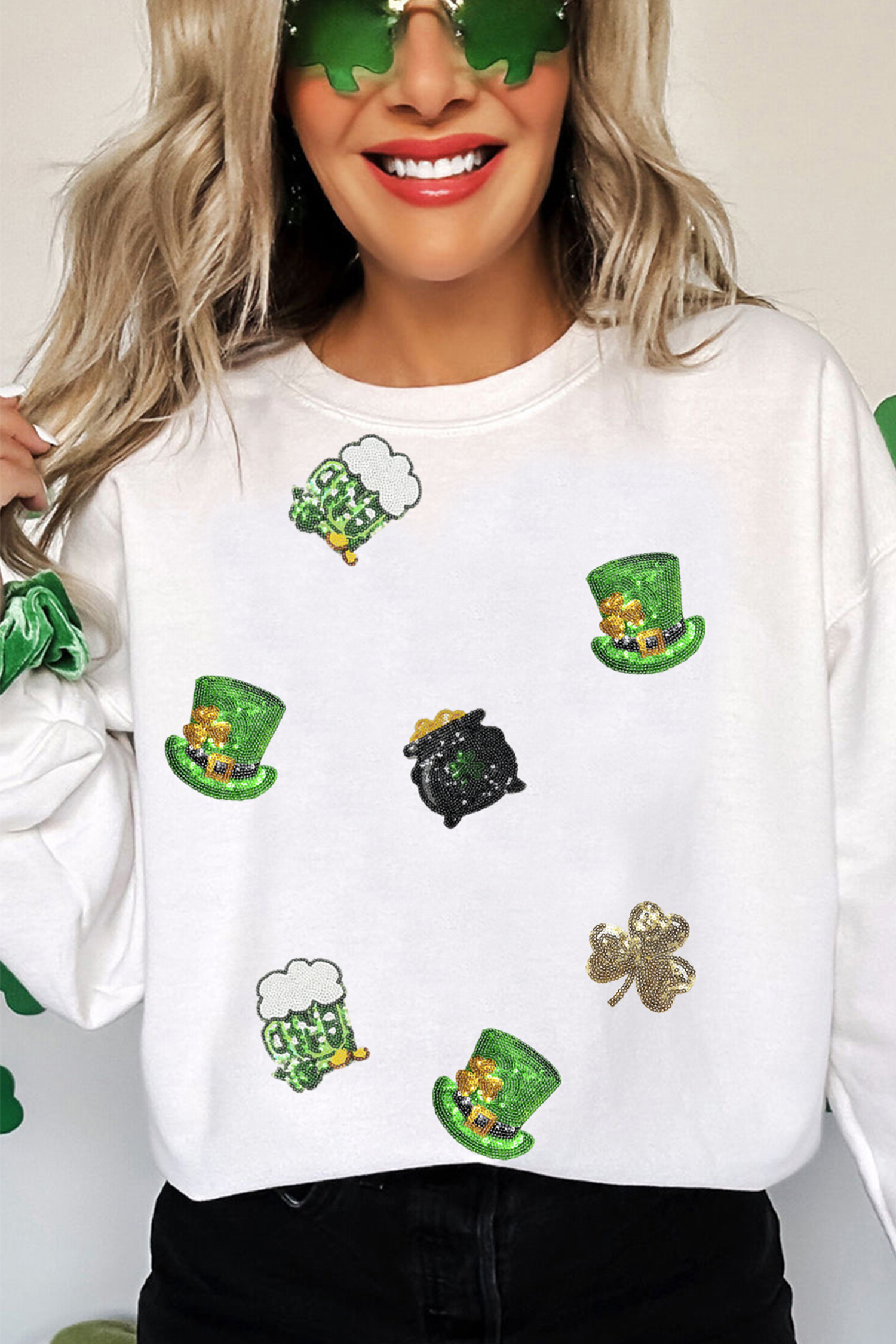 White Cheerful St Patricks Day Sequin Graphic Sweatshirt - loveforevers