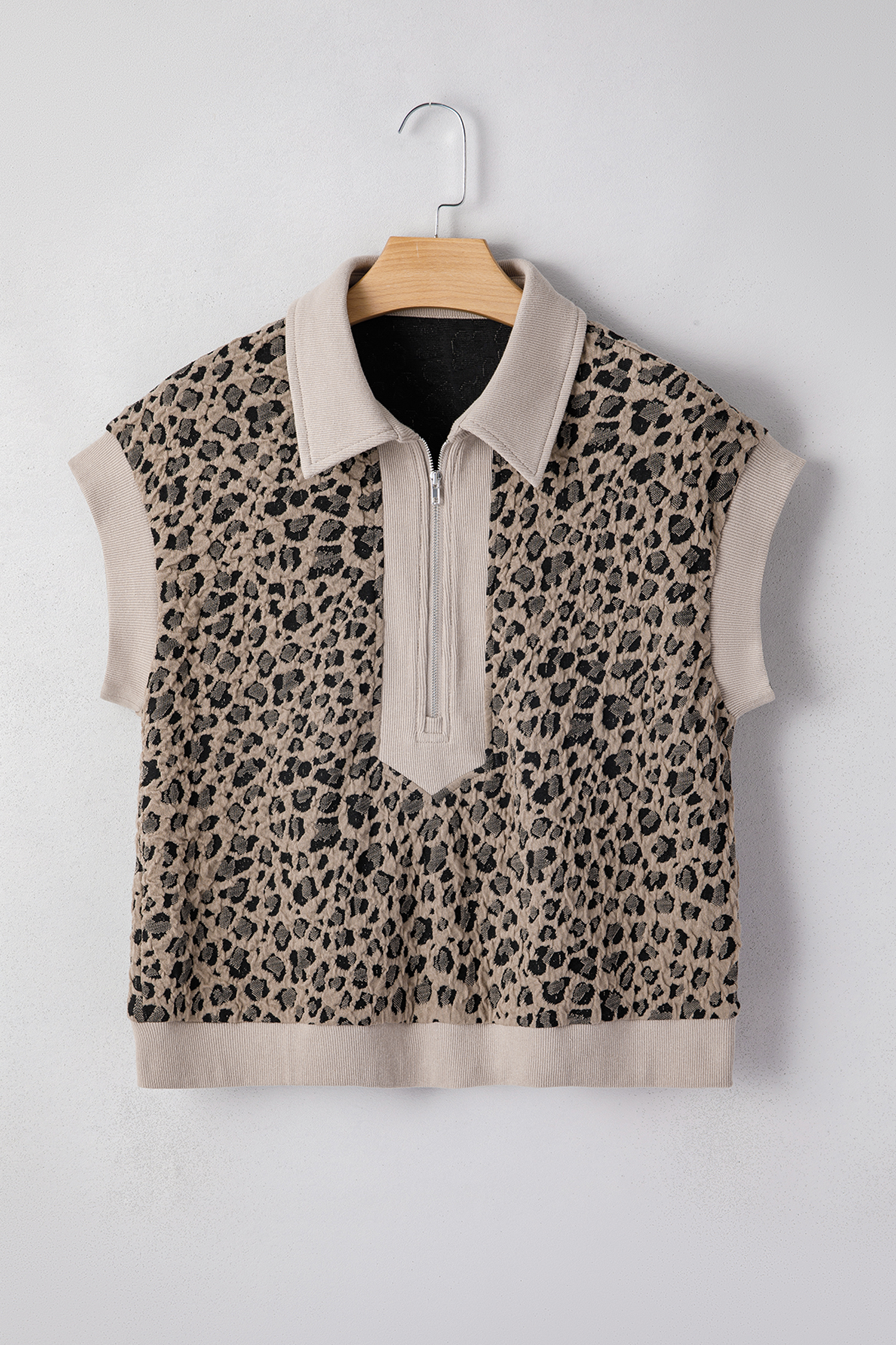 Beige Zip up Collared Leopard Cap Sleeve Top - loveforevers
