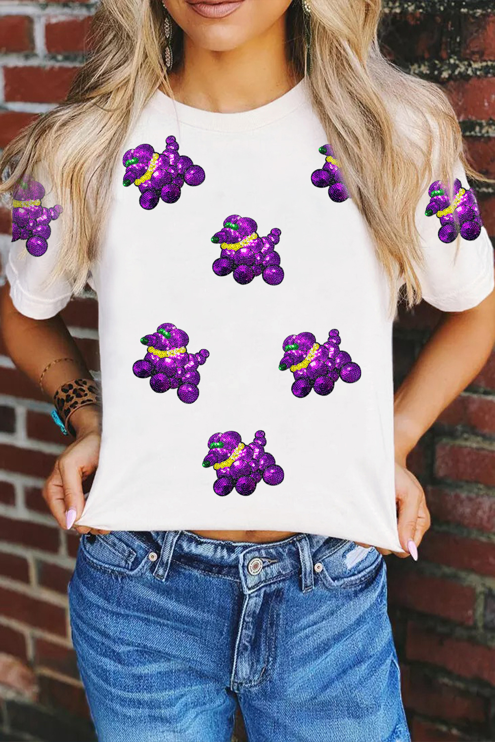 White Sequin Balloon Puppy Graphic Mardi Gras Tee - loveforevers