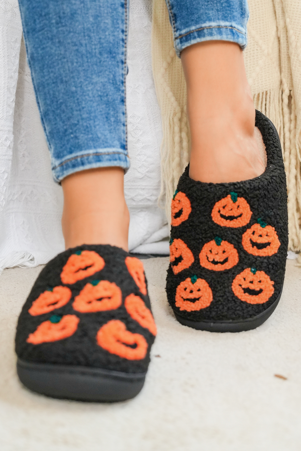 Black Halloween Pumpkin Plush Home Slippers - loveforevers