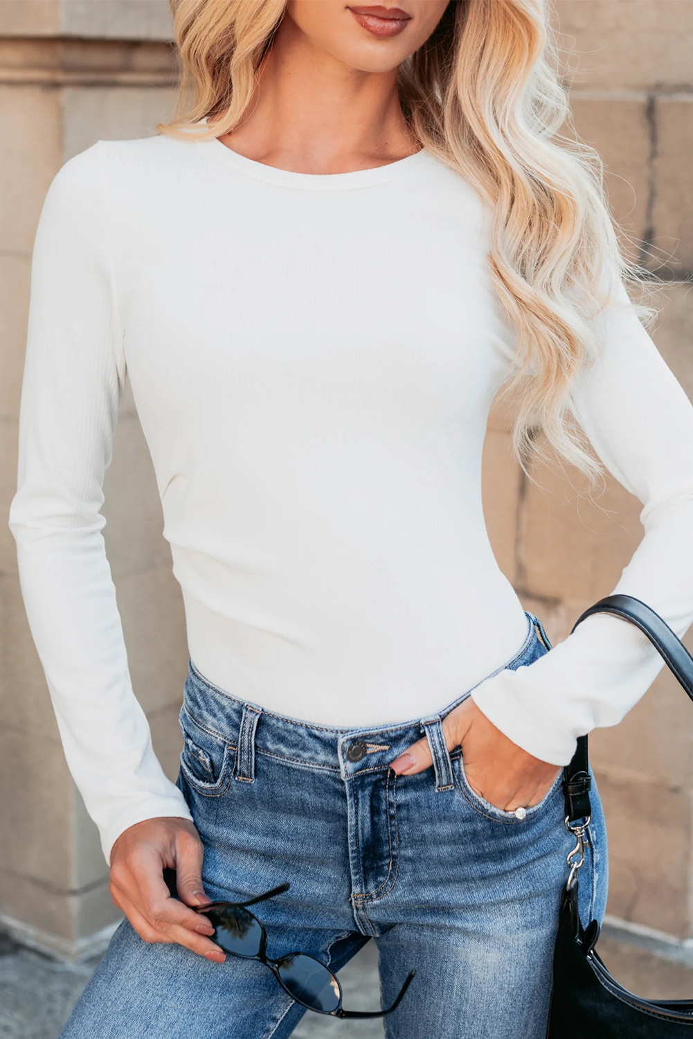 White Ribbed Long Sleeve Crew Neck Solid Color Bodysuit - loveforevers