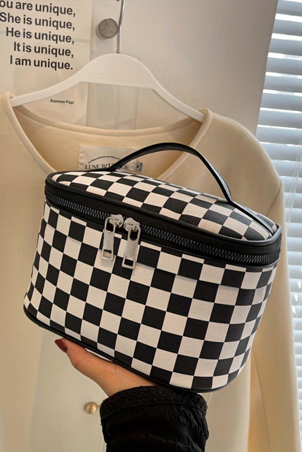Black Checkered Zipper Large Cosmetic Bag with Handle - loveforevers