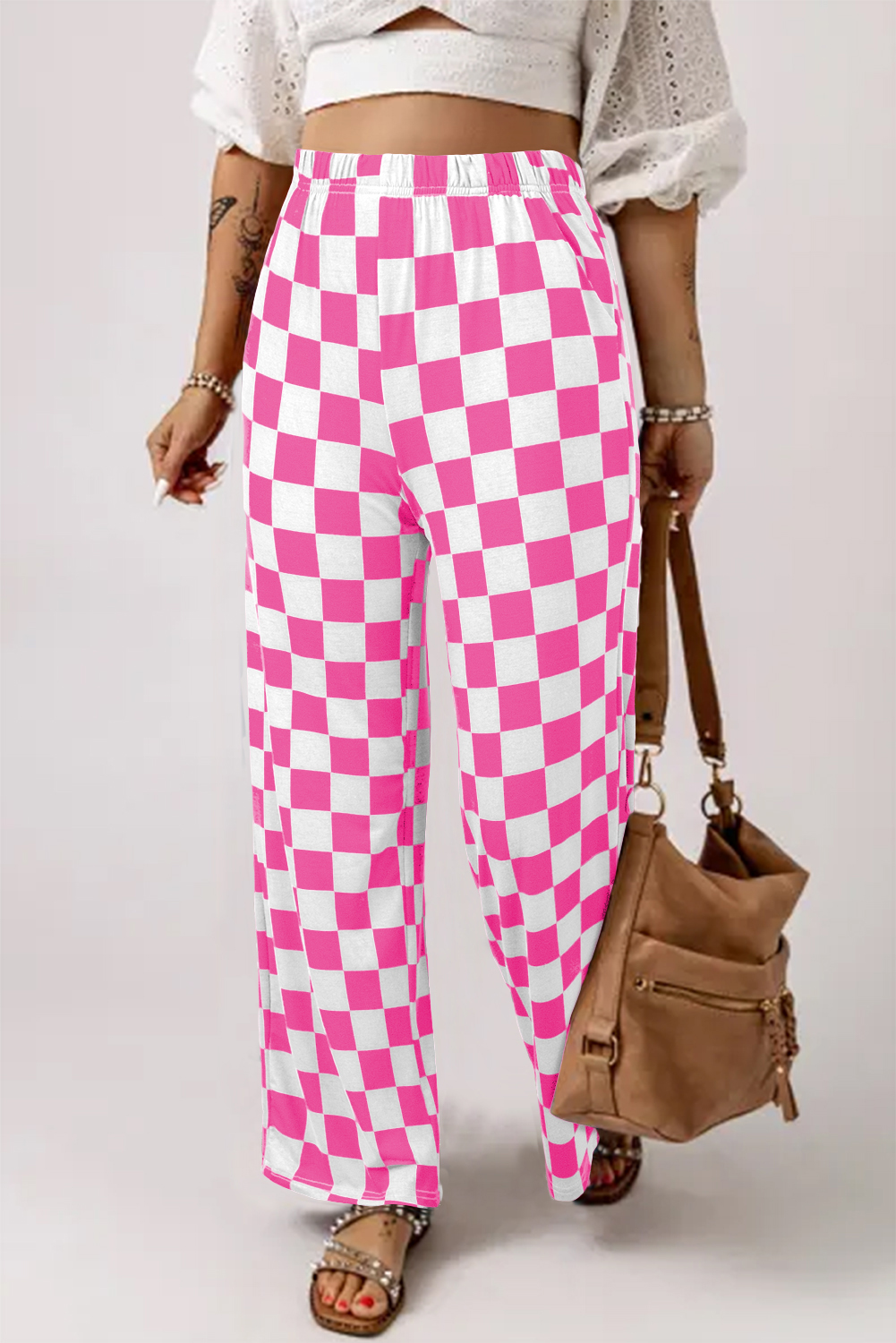 Black 2-Tone Checked Print High Waist Wide Leg Pants - loveforevers
