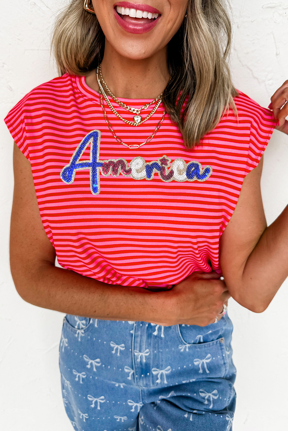 Sky Blue Stripe Ribbed Cap Sleeve Round Neck T Shirt - loveforevers