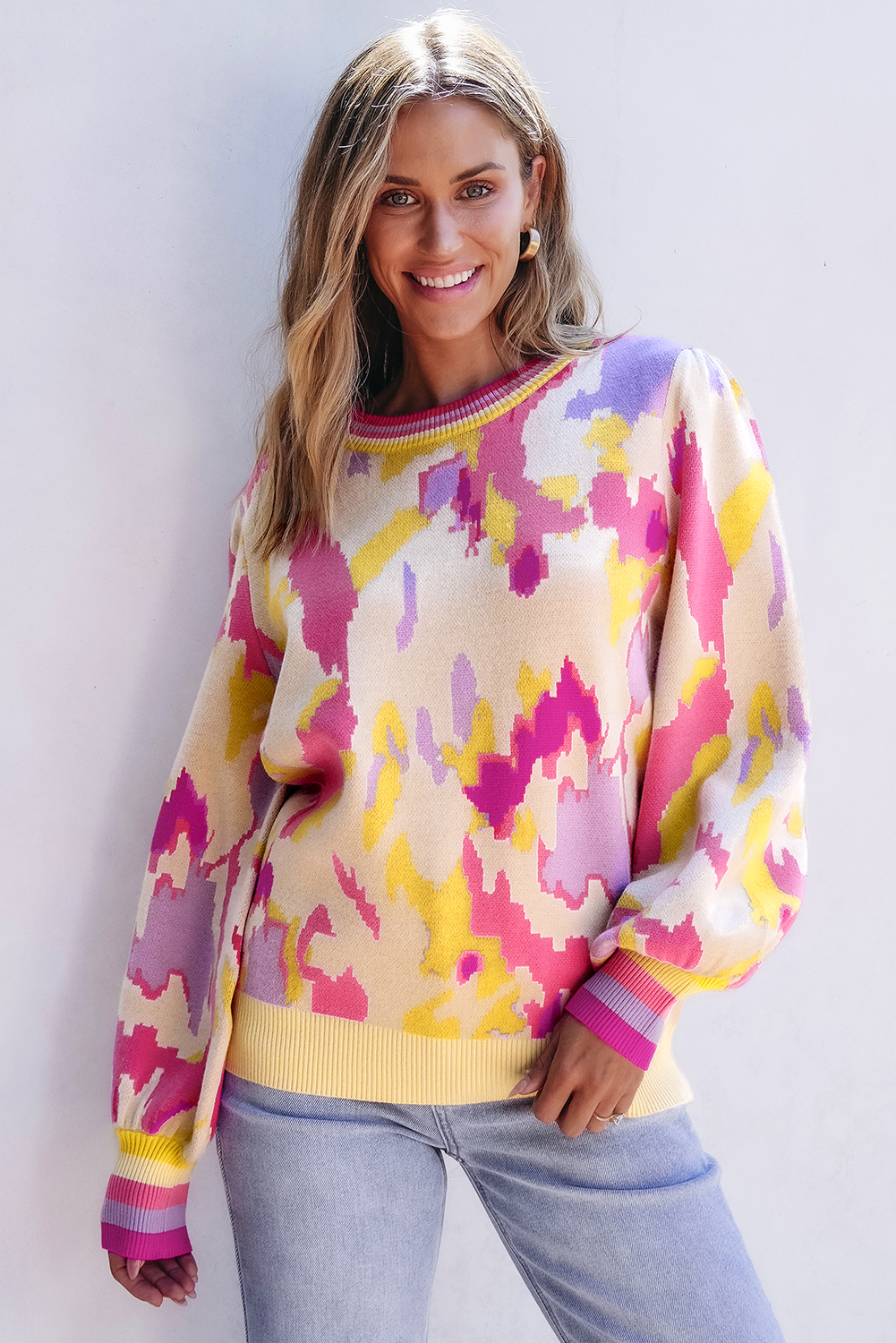 Khaki Abstract Print Colorblock Balloon Sleeve Sweater - loveforevers
