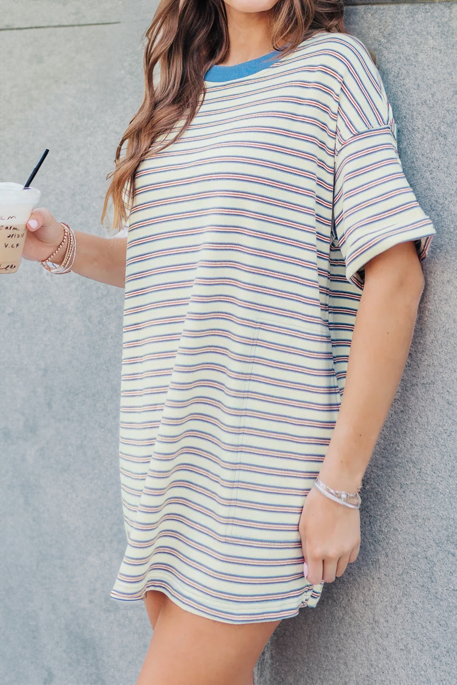 White Stripe Drop Shoulder Cuffed Sleeve Loose Tunic T Shirt Mini Dress - loveforevers