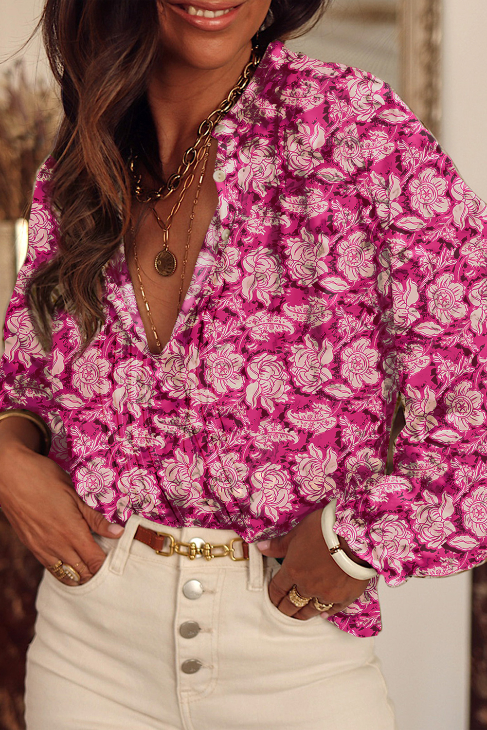 Pink Floral Print Split Neck Pleated Puff Sleeve Blouse - loveforevers