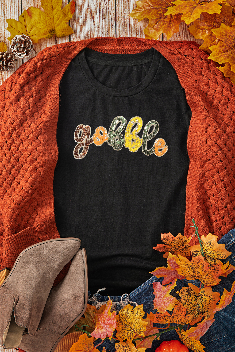 Black gobble Sequin Letter Graphic Thanksgiving T Shirt - loveforevers