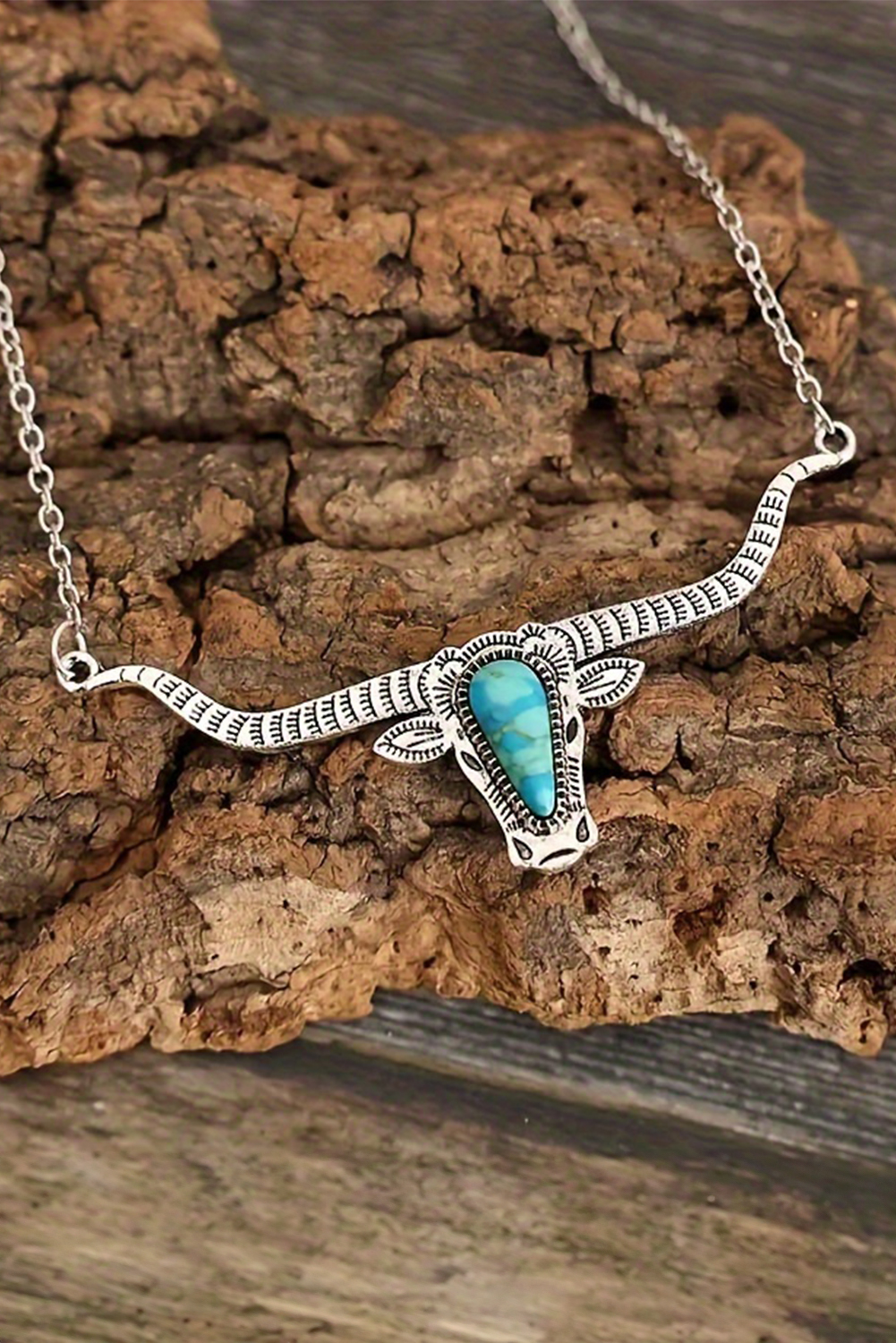 Light Blue Turquoise Steer Head Pendant Chain Necklace - loveforevers