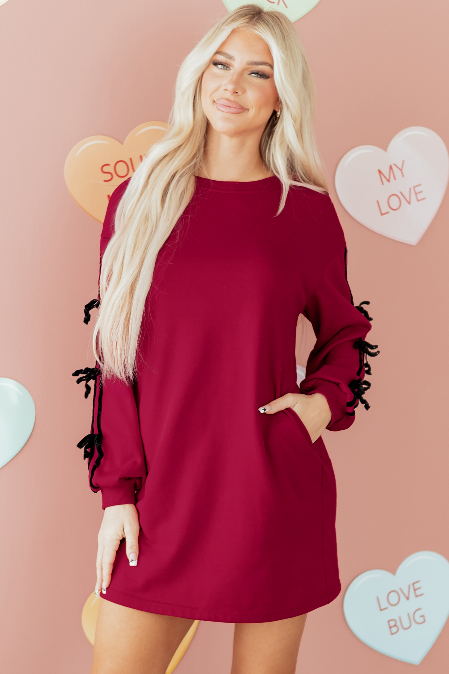 Racing Red Contrast Striped Bow Detail Drop Shoulder Sweatshirt Dress with Pockets - loveforevers