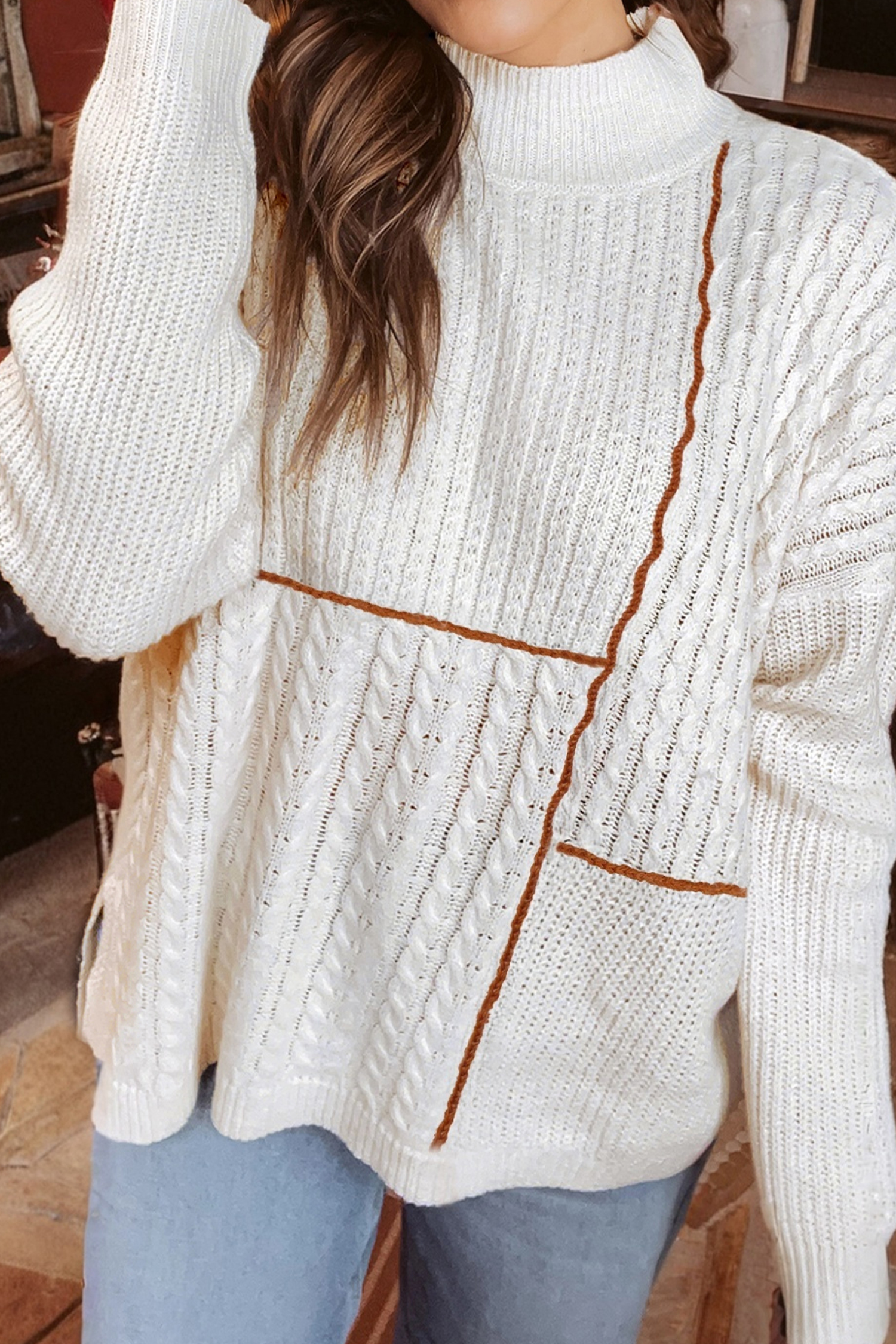 White Mix Texture Patchwork Contrast Stitch Mock Neck Sweater - loveforevers