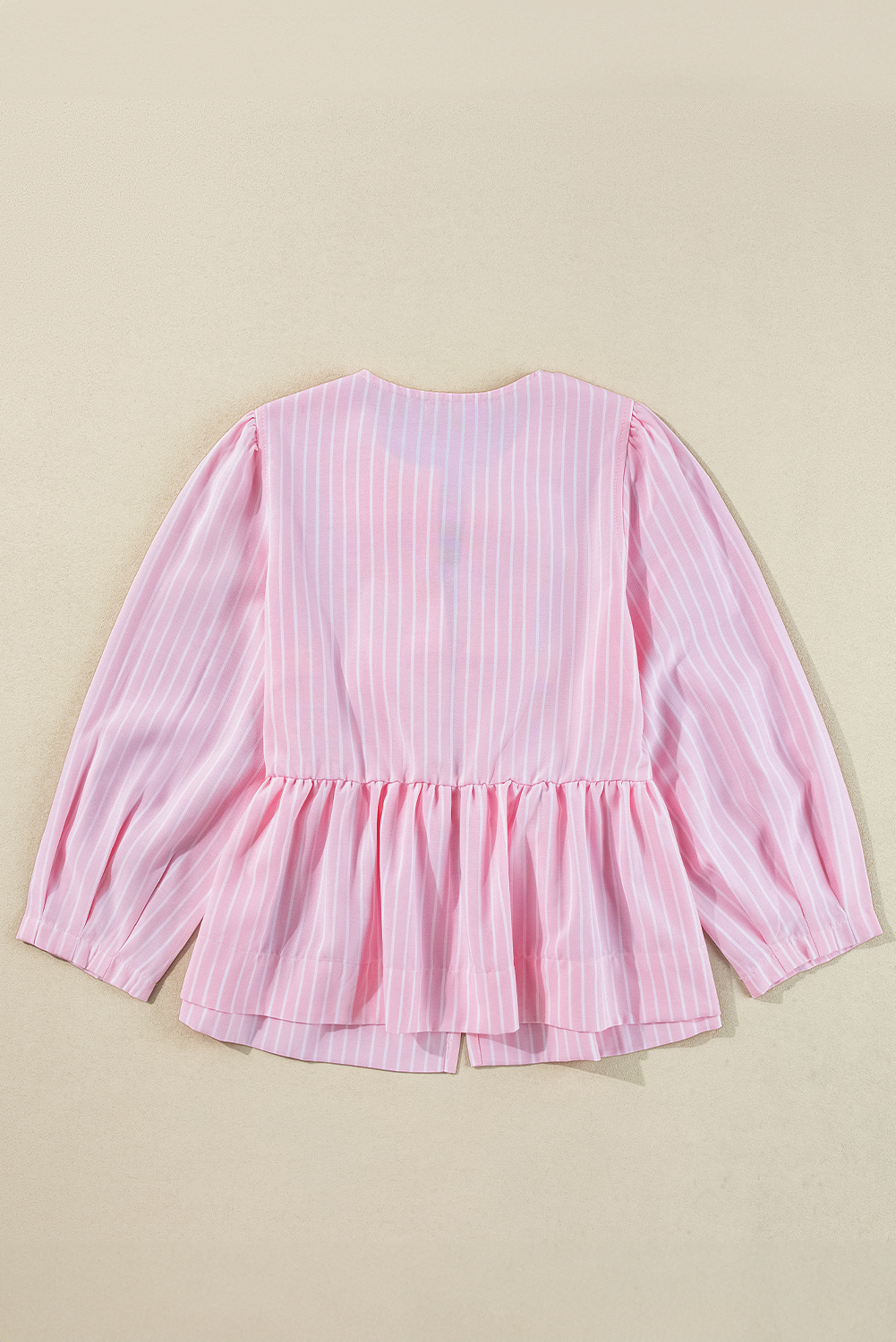Pink Stripe Bowknot Front Crew Neck Puff Sleeve Blouse - loveforevers