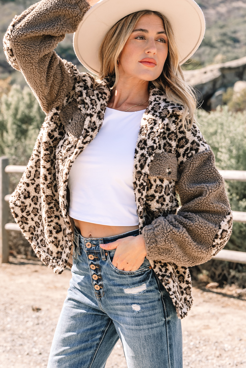 Brown Sherpa Leopard Print Flap Pocket Collared Button Up Jacket - loveforevers