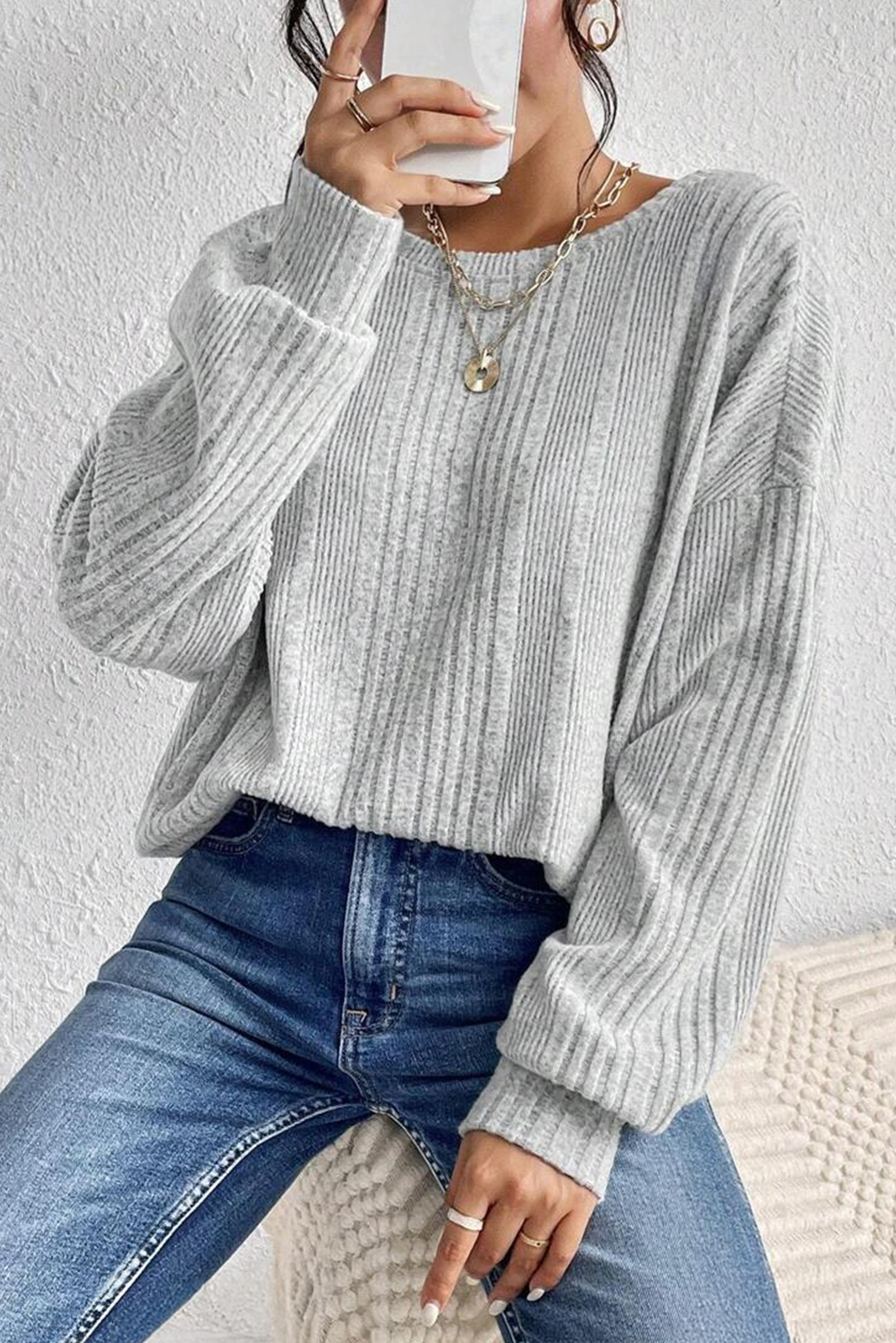 Light Grey Textured Crossover Backless Knit Long Sleeve Top - loveforevers
