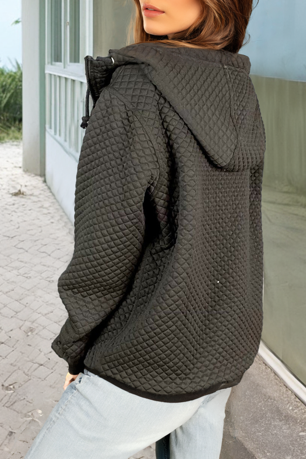 Black Quilted Side Pockets Zipper Hooded Jacket - loveforevers