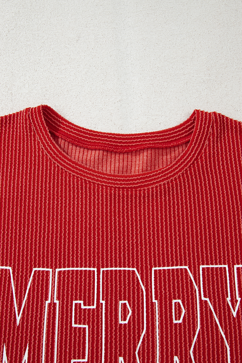 Evergreen Twisted Rib Outlined Merry Letter Graphic Loose Long Sleeve Top - loveforevers