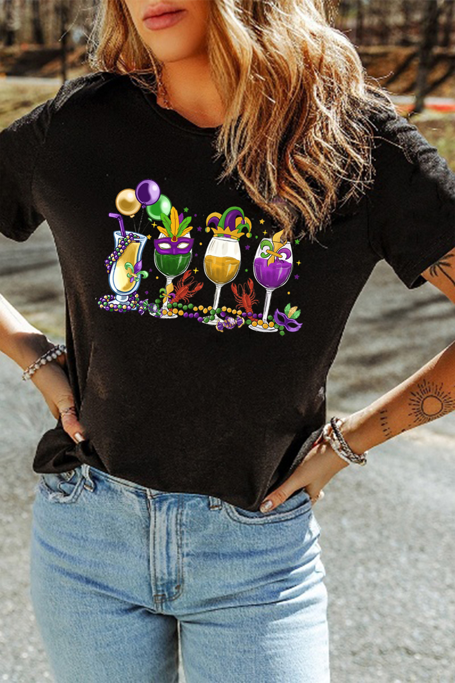 Black Cheerful Mardi Gras Drinks Crayfish Printed T Shirt - loveforevers