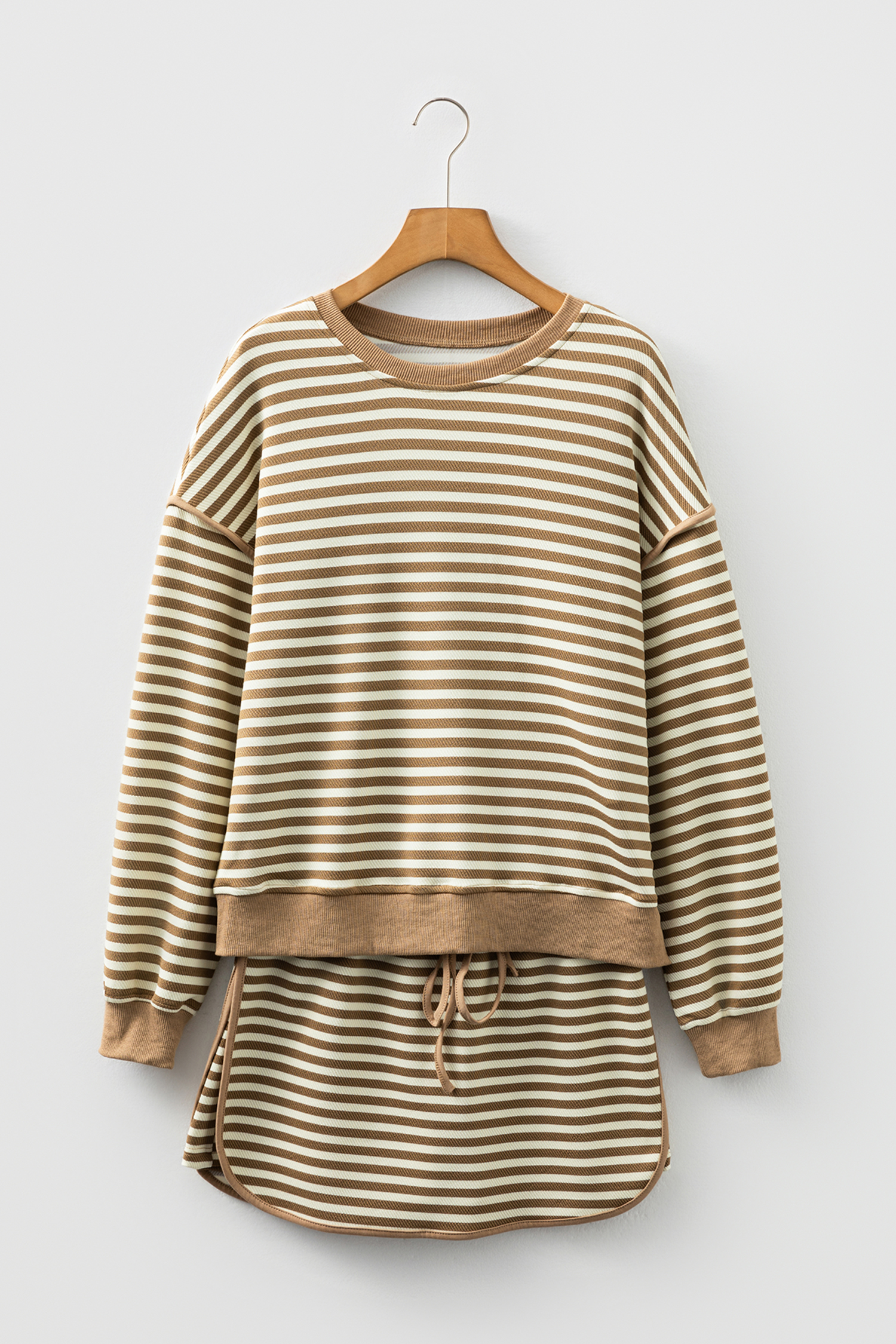 Black Stripe Textured Drop Shoulder Pullover Top Drawstring Mini Skort Two Piece Dress Set - loveforevers