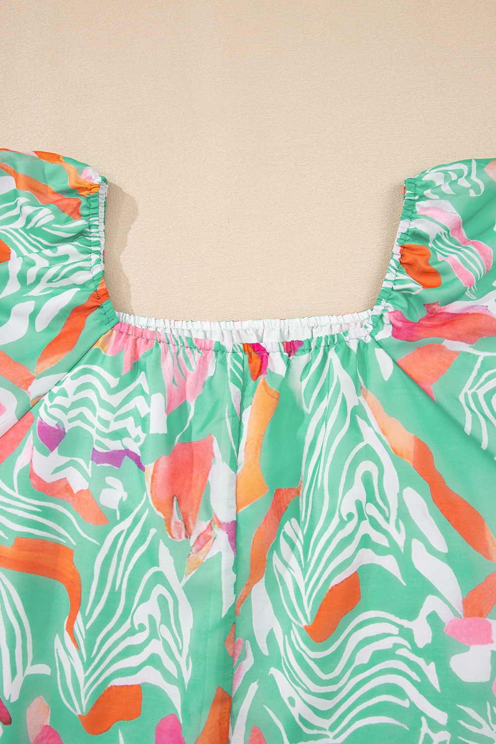 Green Tropical Boho Print Puff Sleeve Square Neck Loose Plus Blouse - loveforevers